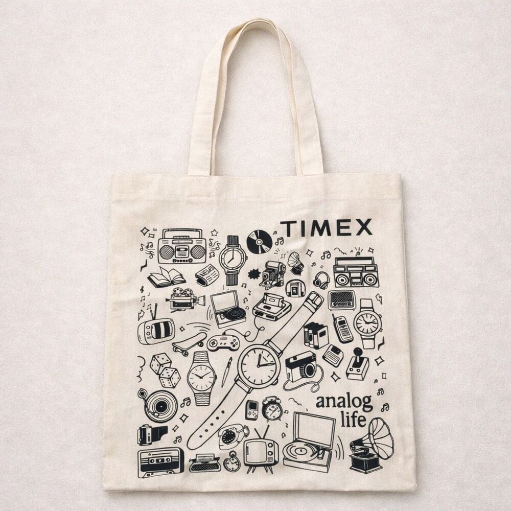 Timex Analog Life Retro Graphic Canvas Tote Bag • Vintage Tech Music Watch Print